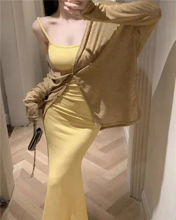 Figure-Flattering, Waist-Cinching, Elegant Bodycon Dress with Straps, Long Dress, 2026 Summer Solid Color Tight-Fitting Mermaid Dress