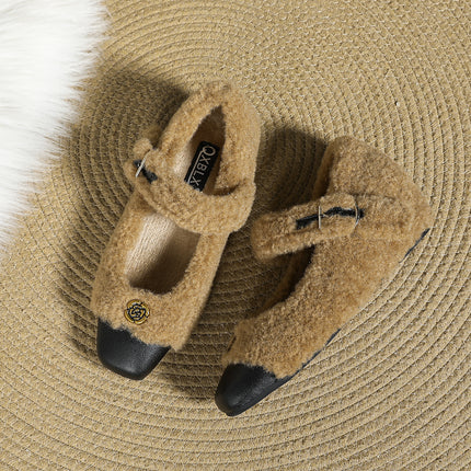 Small Size Mary Jane Soft Mao Shoes Women's Winter Outer Wear Square Head fleece-lined Camellia Flower Inner Height Increase Shoes Warm Cotton Shoes