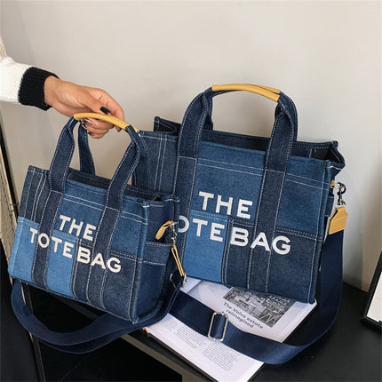 Bags for Women 2025 Cross-Border New Embroidered Letters Hand-Held Crossbody Bag Denim Blue Retro Splicing Tote Bag
