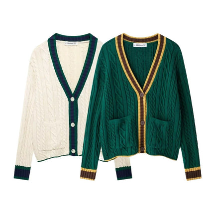 Cross-border European and American Women's AliExpress Explosions Simple All-match V-neck Single-breasted Cable Rope Pattern Knitted Sweater Cardigan