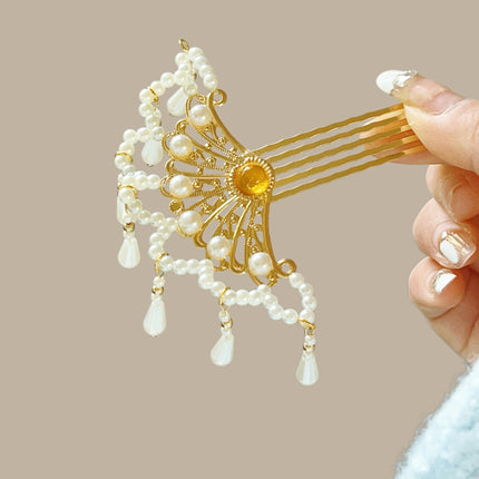 Hollow-out Fan-shaped Hanfu Hairpin Pearl Hair Comb Xiuhe Headdress Comb Antique Hair Accessories Hair Pickles Hair Flower Hair Card