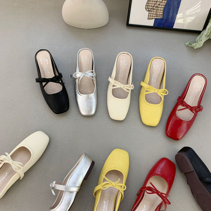 Simple Ballet Shoes with Square Toe and Bowknot, 2025 Summer New Style, Closed-Toe, Open-Back Women's Shoes with a Single Strap