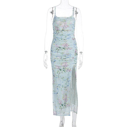 European and American Cross-Border Summer Women's Clothing: Spaghetti Strap Square Neck Floral Split Dress with a Youthful Design, Elegant and Sexy