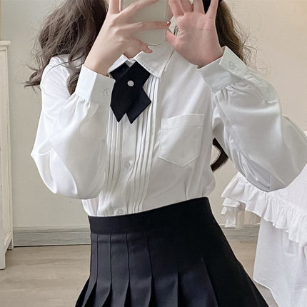 Original JK uniform organ pleat college style loose all-match white pointed collar long sleeve shirt Japanese basic top