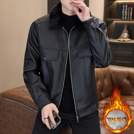 Winter fleece-lined Thickened Jacket Men's High-end Handsome Trendy Biker Clothing Leather Clothing Winter Clothing Warm Cotton Jacket Youth
