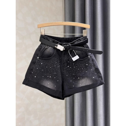 Black Grey Denim Shorts Women's Summer New Western Style Hot Drilling Slim Retro High Waist Curled Wide Leg Pants Hot Trendy Pants