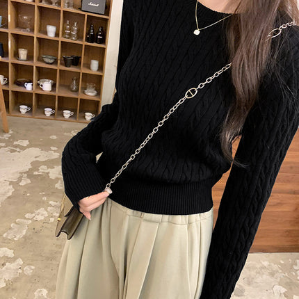 Designed with Korean Style, Gray Cable-Knit Sweater for Women, New Slim-Fit Short Top for Autumn and Winter