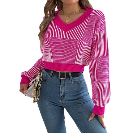 Clearance 2025 Autumn/Winter Casual Striped Lantern Sleeve Pullover Crop Top Sweater Amazon Cross-Border European and American Women's Clothing