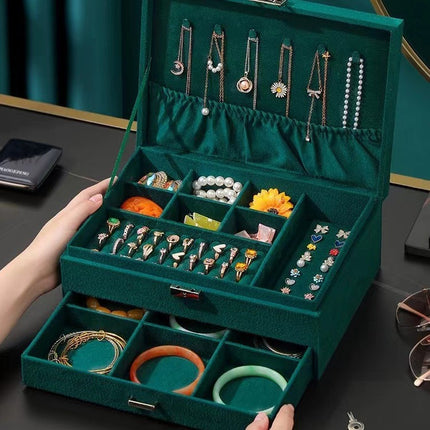 Double Dark Green Suede Jewelry Box Jewelry Earrings Bracelet Bag Jewelry Ring Necklace Jewelry Storage Box