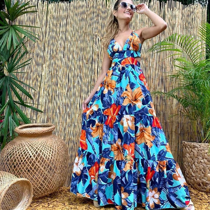 2025 Cross-Border Spring and Summer New European and American Fashion Printed Sexy Dress Suspender Deep V Sleeveless Backless Long Skirt