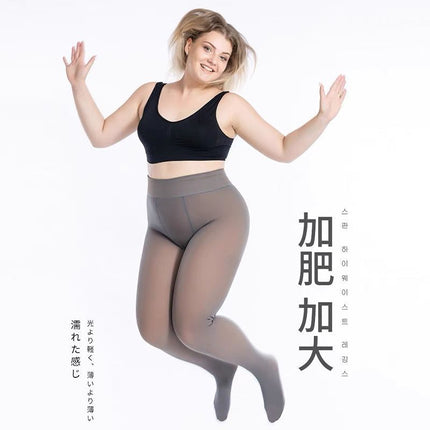 Plus-Size Exclusive Faux Sheer Skin-Tight Leggings with Fleece Lining, Thickened Women's Flight Attendant Gray Bare-Leg Pantyhose