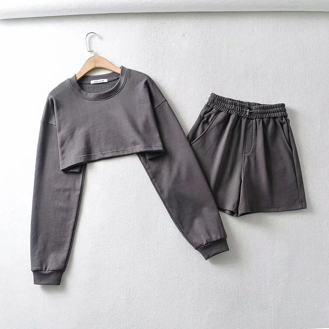 Loose Short Sweatshirt Ins European and American Fashion Navel-Baring Sports Sweatshirt Student Autum Fashion Pure Color Sports Suit