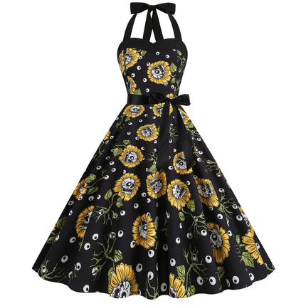 Factory direct supply 2024 Halloween new Hepburn style high waist slim hanging neck large swing long retro dress