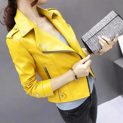 2025 Women's Leather Jacket Autumn Korean Style Slim Fit Motorcycle Pu Leather Casual Versatile Jacket