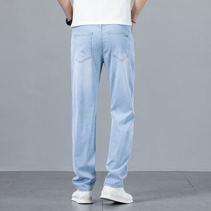 2025 Light Tencel Jeans Men's Straight Tube Loose Summer Thin Blue and White High-end light blue Casual Trousers