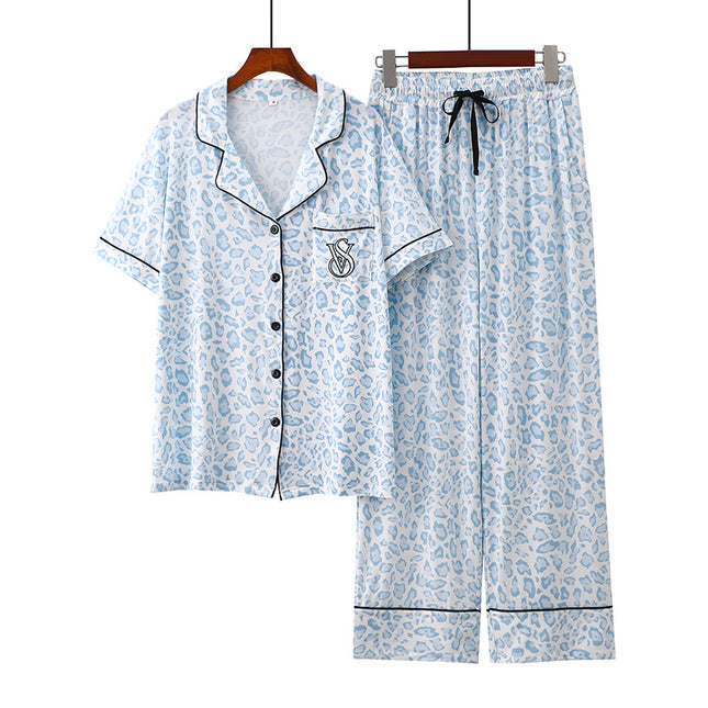 Cross-border Foreign Trade Leopard Print Modal Cardigan Lapel Short-sleeved Trousers Women's Thin Pajamas Home Clothes suit