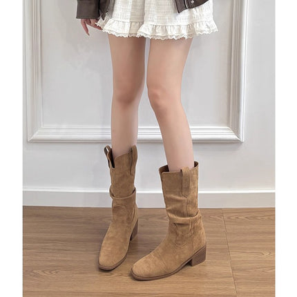 Retro Thick Heel Mid-Calf Boots for Women 2023 New Spring, Autumn and Winter Niche Western Cowboy Shoes Slim Short Boots