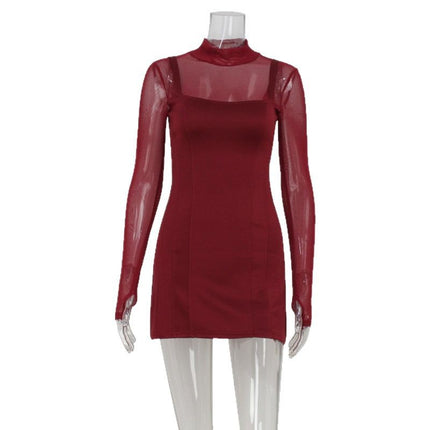European and American Cross-Border New Women's Clothing Pure Color Long-Sleeved Round Neck See-Through Splicing Fashion Sexy Slim A-Line Dress Trendy