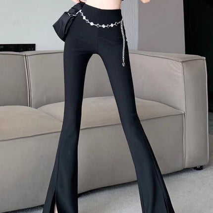 Design sense of chain split pants female 2023 spring and summer new hot girl high waist thin all-match