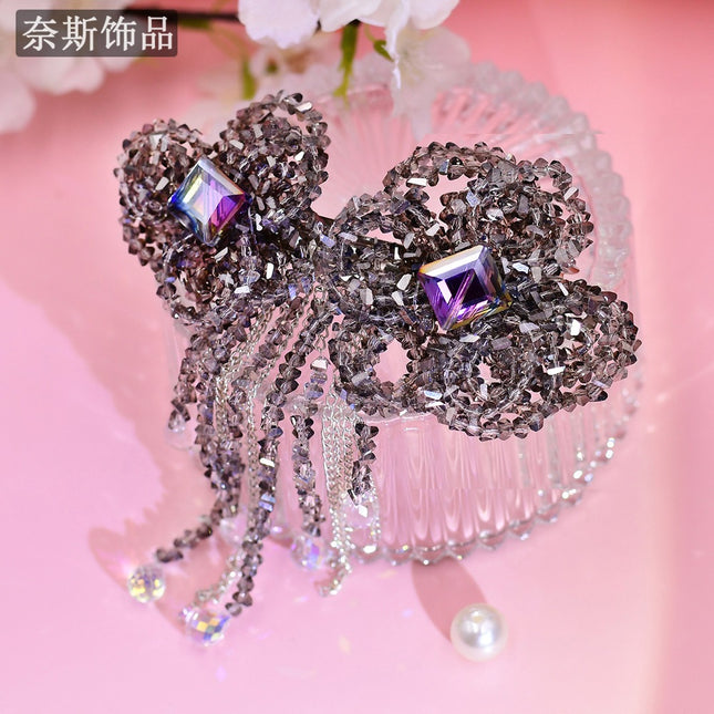 Ness NS68 Crystal Diamond Flower Tassel Hairpin Small Fashion Light Luxury Hair Accessories Gray High-end Simple Accessories