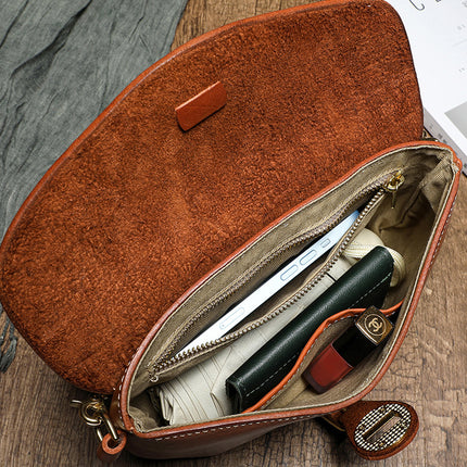 Genuine Leather Vintage Saddle Bag Thick Soft Vegetable Tanning Top Layer Leather Crossbody Dumpling Bag Korean Casual Brass Hardware 32008