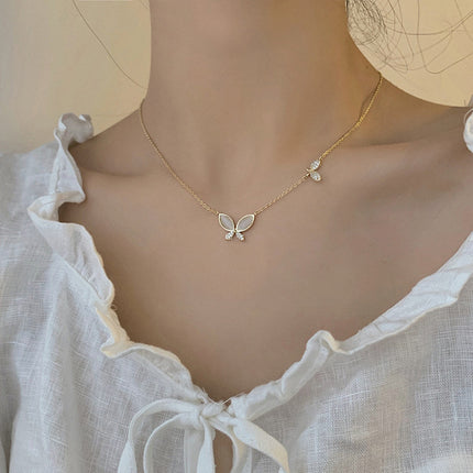 Korean-style S925 Silver Sweet Butterfly Necklace Women's Fashionable Elegant Micro-inlaid Zircon Clavicle Chain ins Artistic Sweater Chain