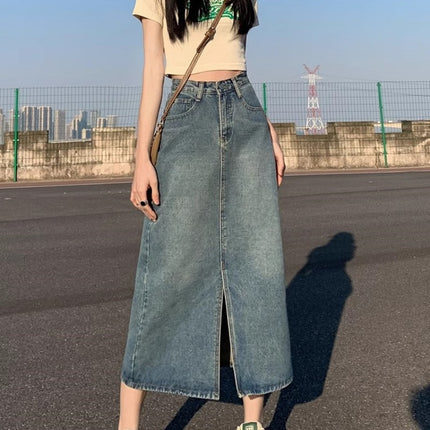 Short Hipped Denim Skirt Women's Trendy All-match Retro High Waist Slimming Split A- Line Mid-length Skirt