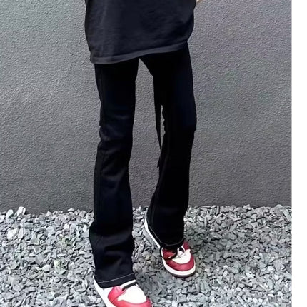 American high street long ribbon micro horn mid-waist jeans men's and women's same straight slim slimming mop long pants