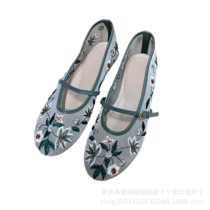 Za Spanish Round-Toe Mesh Green Floral Embroidered Mesh Fabric Ballet Flats Women's Shoes European and American Style