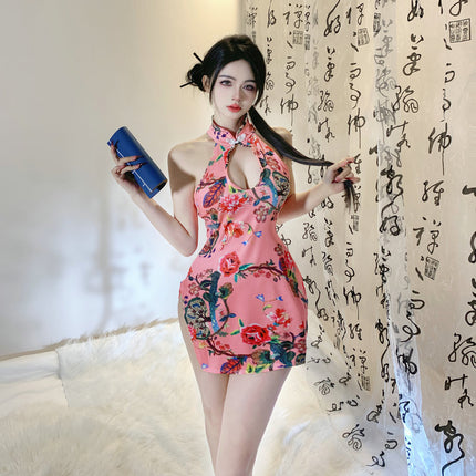 Water Drop Chest Nightgown Women's Sexy Guofeng Split Cheongsam Uniform Pure Desire Temptation Bed Hollow Sling Pajamas 2492