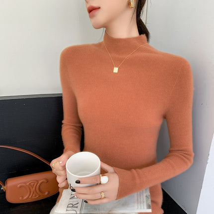 High-End Seamless Slim-Fit Cashmere Sweater for Women, Half Turtleneck, New Autumn/Winter 2024 Base Layer