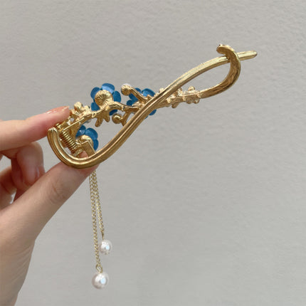 Red flocking plum blossom hair buckle clip headdress female summer tassel one-word hairpin back head hairpin hair clip