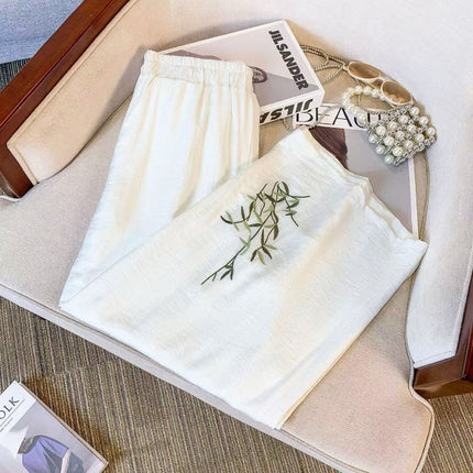 Loose-Fitting Cotton and Linen Embroidered Wide-Leg Pants for Women, Summer Pants, Slimming High-Waisted Thin Straight-Leg Casual Pants for Women
