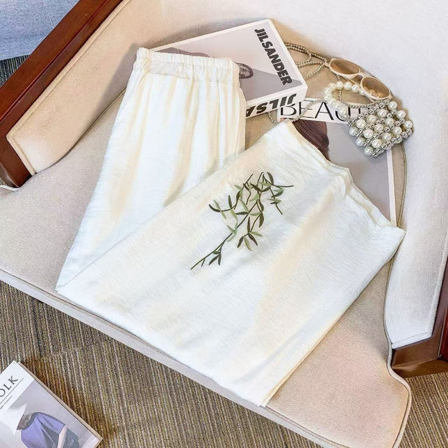 Loose-Fitting Cotton and Linen Embroidered Wide-Leg Pants for Women, Summer Pants, Slimming High-Waisted Thin Straight-Leg Casual Pants for Women
