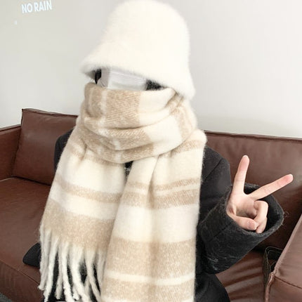 New Korean-Style Thick Striped Warm Winter Scarf for Women, High-Grade Mohair Green Neck Warmer for Men, Extended Shawl