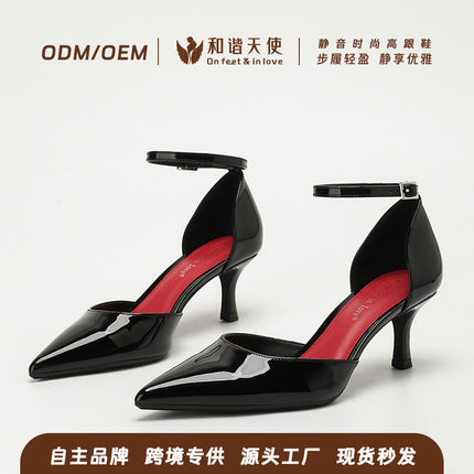 Summer New Style French One-Line Buckle High-Heeled Shoes for Women, Pointed Toe Stiletto Heels, Hollow Shoes, Fashionable and Casual Women's Shoes