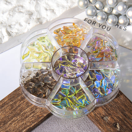 Popular 7-Compartment Plum Blossom Nail Art Accessories Mixed Set with Aurora, Butterfly, Shell, Cartoon Steel Beads, Teddy Bear, and Heart Set for Cross-Border