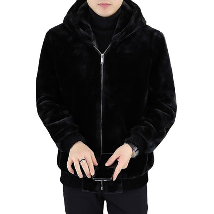 Autumn and Winter New Mink Velvet Jacket Men's Hooded Thickened Warm Cold-proof Zipper Jacket Solid Color Fur Hood