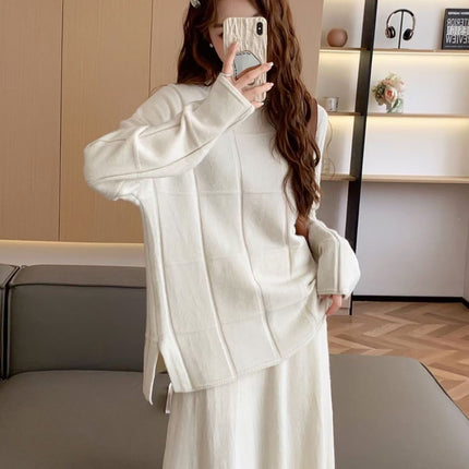 European and American Style Knitted Sweater Set for Women, Autumn and Winter Two-Piece Set, Half-High Collar Pullover Sweater and Solid Color Casual Skirt Set