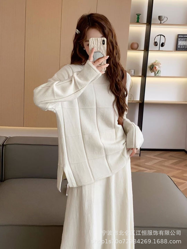 European and American Style Knitted Sweater Set for Women, Autumn and Winter Two-Piece Set, Half-High Collar Pullover Sweater and Solid Color Casual Skirt Set