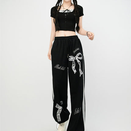 Street Dance Trendy Brand Lace Bow Sports Suit Cropped Short-Sleeve T-Shirt Jazz Pants Women Slim Loose Pants