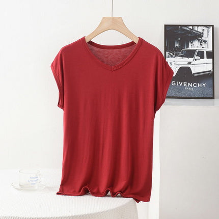 Cross-border New plus size Plus Fat V-neck Small Sleeve Summer Modal Elastic Base Shirt Loose Casual Simple T-shirt