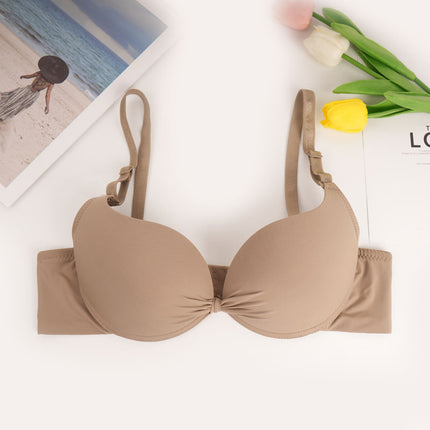 Cross-border in stock and foreign trade solid color glossing bra women with steel ring top support gathered seamless underwear anti-sagging bra