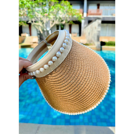 Straw Pearl Sun Hat Headband Empty Top Straw Hat Women's Summer Hairpin Topless Face Covering Sun Protection Sun Hat Outdoor
