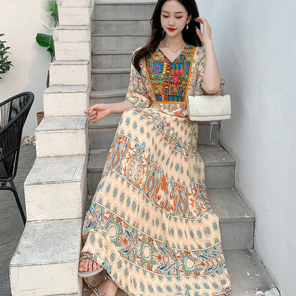 Amazon Cotton Silk Beach Dress Ethnic Style Large Swing Dress V-Neck Mid-Sleeve Dress Embroidered Vintage Floral Long Dress