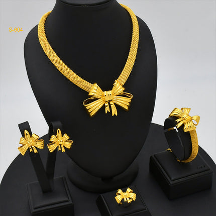 24K Dubai gold jewelry set Saudi bridal necklace bracelet earrings ring Indian ladies four piece wholesale