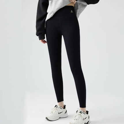 2.24 Pit Striped Slim-fit Stretch Leggings Women's fleece-lined Autumn and Winter Black High Waist Outer Wear Slim Tight Pants