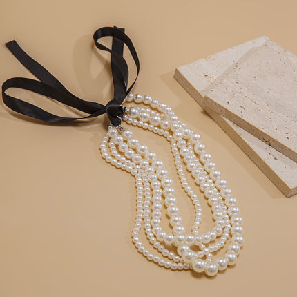European and American Cross-border Jewelry Fashion Sense Bow Beaded Clavicle Chain DIY Lace Velvet Pearl Necklace Women