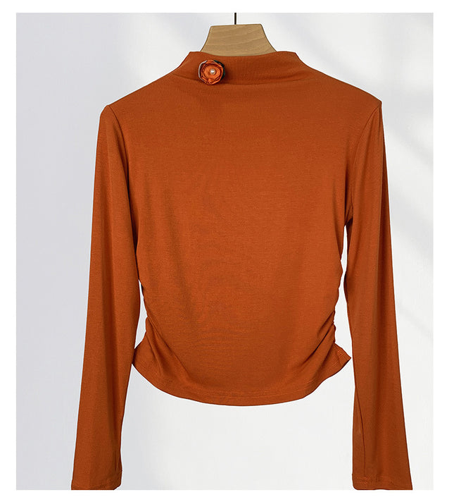 Giant Comfortable Skinny Half-turtleneck Modal Cotton Base Shirt Pumpkin Color Flower Decorative Long-sleeved T-shirt Autumn