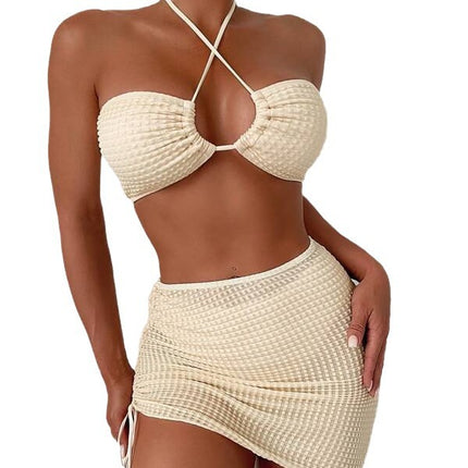 2025 New Bikini Cross-Border European and American Foreign Trade Drawstring Backless Three-Piece Sexy Bikini Swimsuit Swimwear for Women